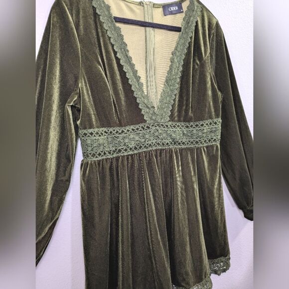 Cider Green Velvet & crochet trim V-neck lantern babydoll top tunic dress XL - Picture 4 of 7